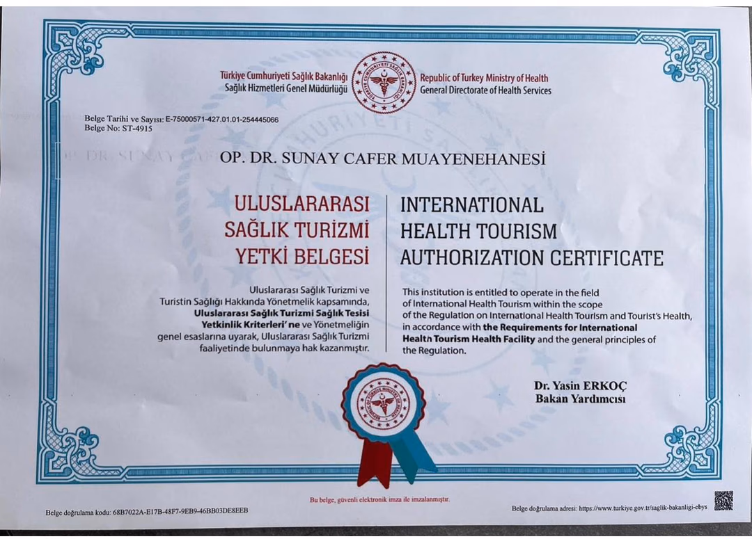 International Health Tourism Authorisation — Op. Dr. Sunay Cafer Muayenehanesi, Republic of Türkiye · Ministry of Health, No: ST-4915